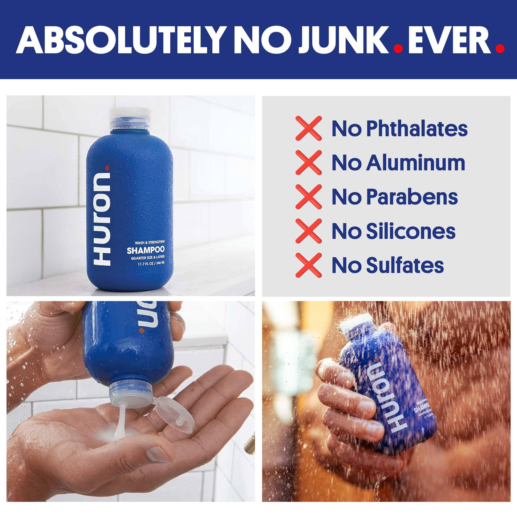 Huron Men's Shampoo in shower close-up captures rich lather and cleansing action