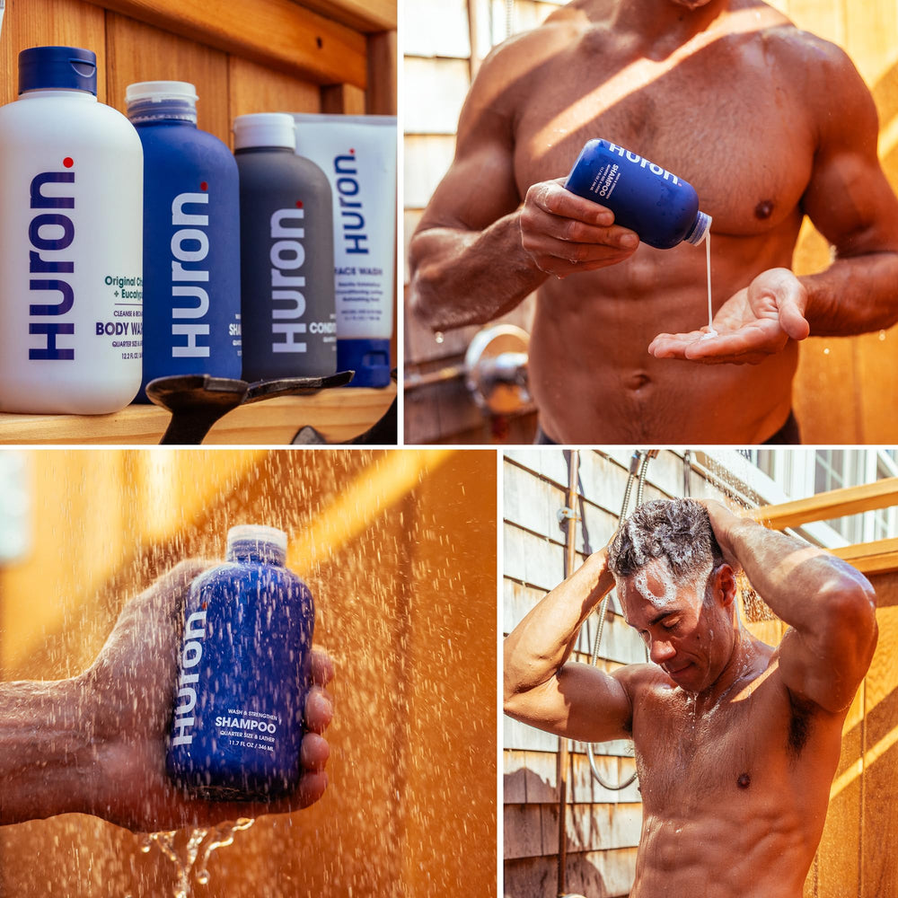 Huron Men's Shampoo ingredients shot featuring peppermint with juniper aroma