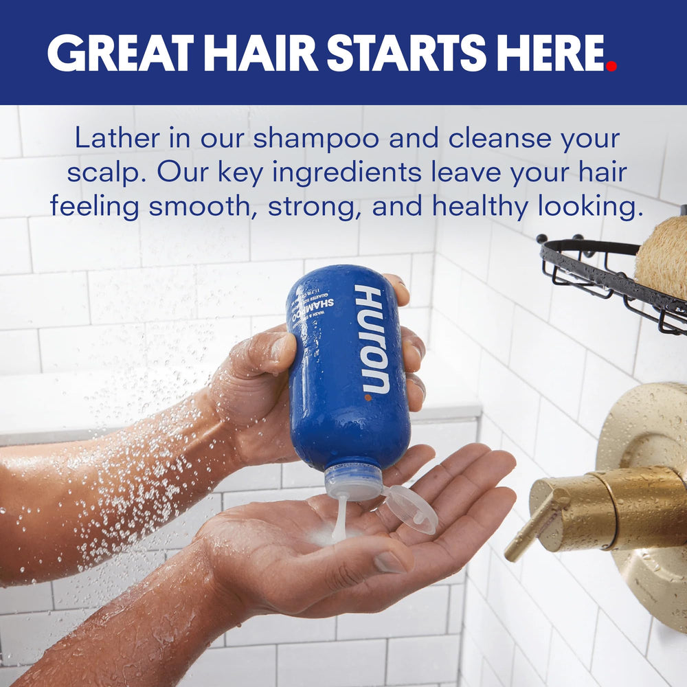 Huron Men's Shampoo label front highlighting sulfate- and parabens-free formula