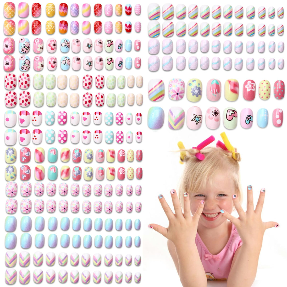 Ideal Swan uñas para niñas con diseño graduado divertido para fiestas.