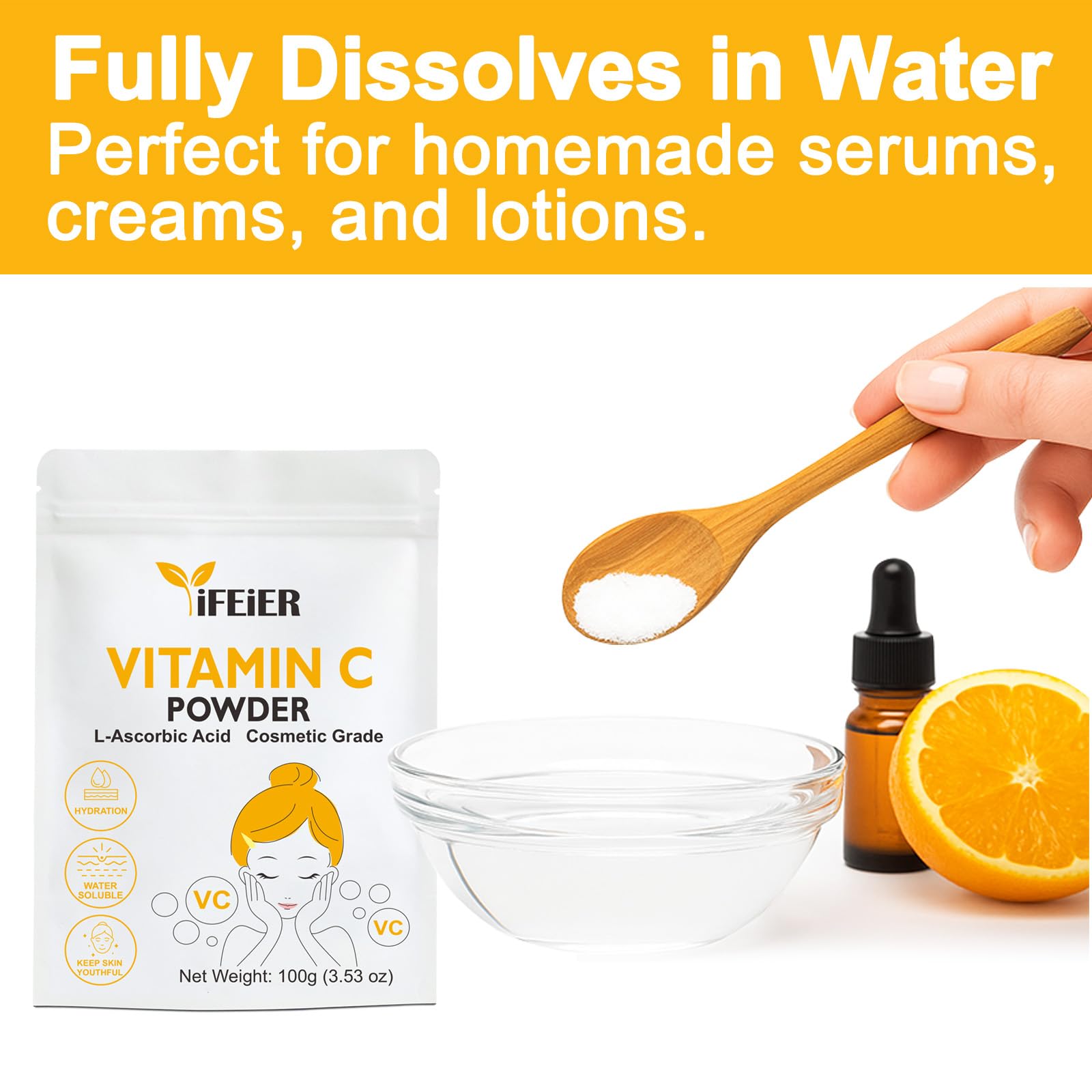 iFEiER Vitamina C Polvo se disuelve rápidamente en agua para serum facial