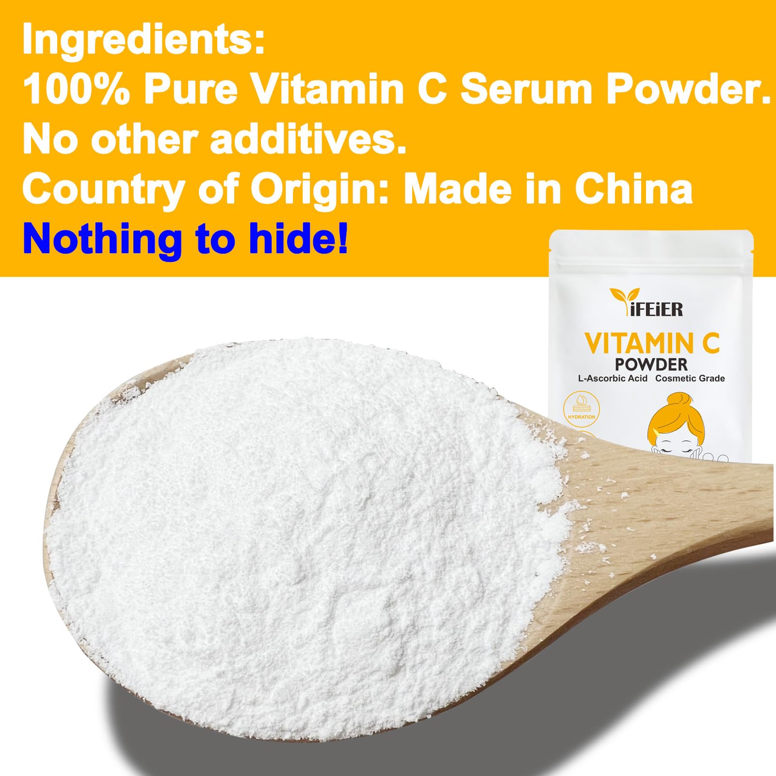iFEiER Vitamina C Polvo puro, textura fina para formulaciones caseras