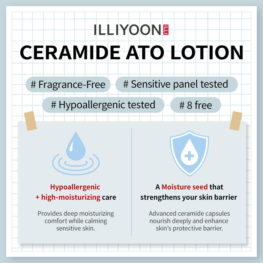 Illiyoon Ceramide Ato Lotion: textura ligera, hidratación duradera para rostro y cuerpo.