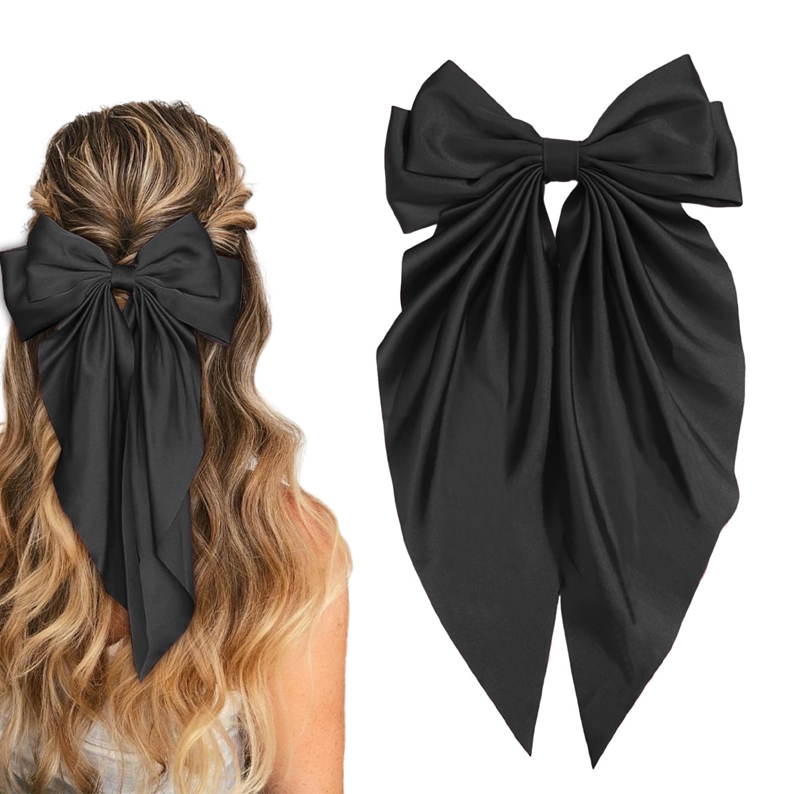 Lazo satén negro grande de illpta para cabello, estilo duradero.