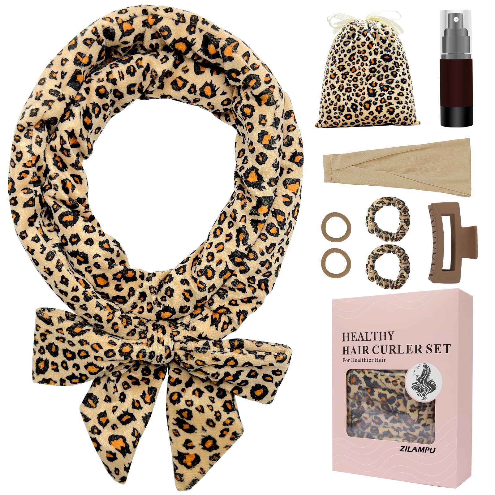 ZILAMPU No Heat Curling Rod Headband for Women and Girls – Overnight Velour Hair Roller Wrap, Leopard Print