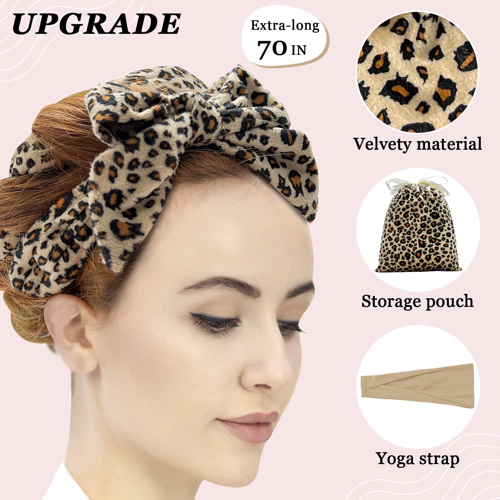 ZILAMPU No Heat Curling Rod Headband for Women and Girls – Overnight Velour Hair Roller Wrap, Leopard Print
