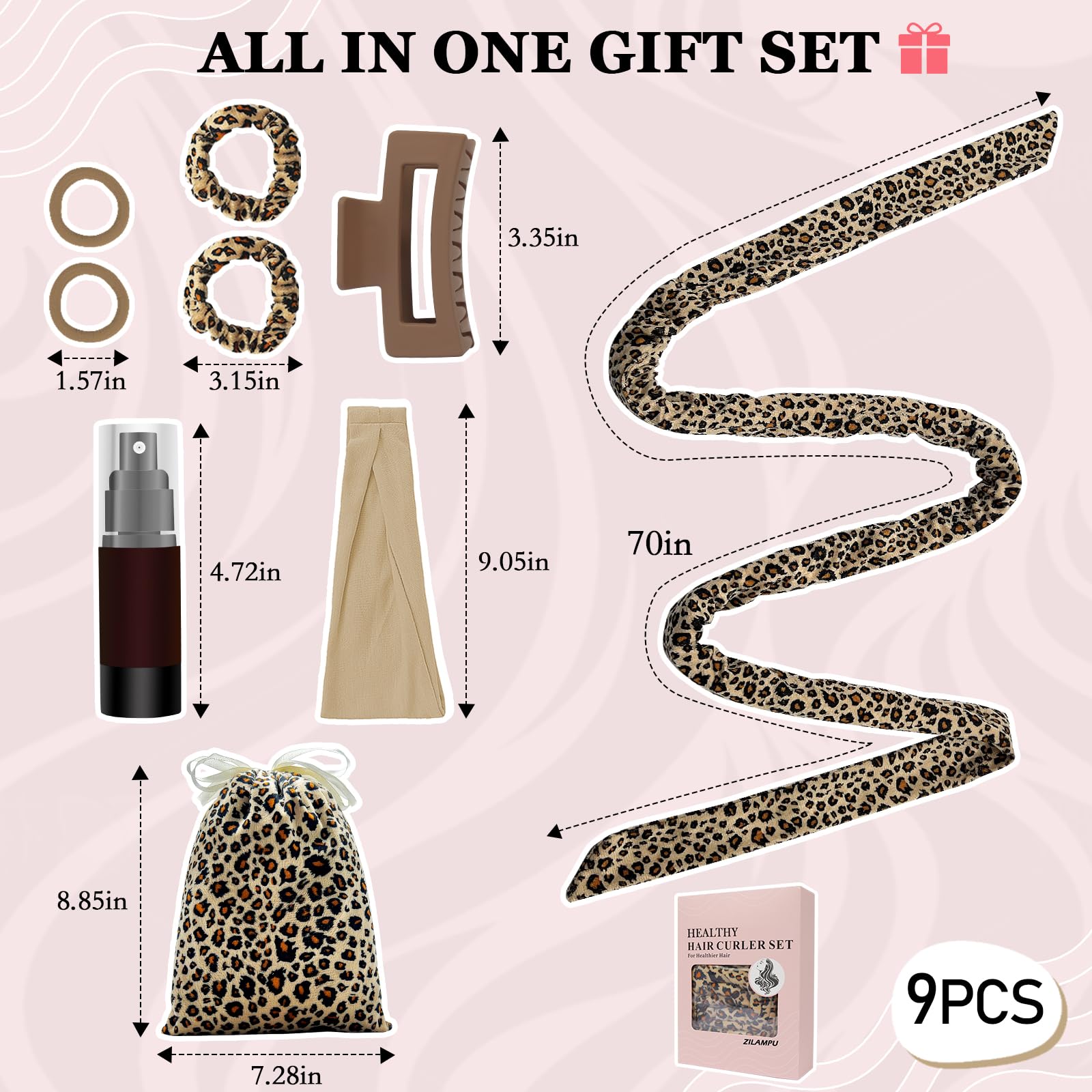 ZILAMPU No Heat Curling Rod Headband for Women and Girls – Overnight Velour Hair Roller Wrap, Leopard Print