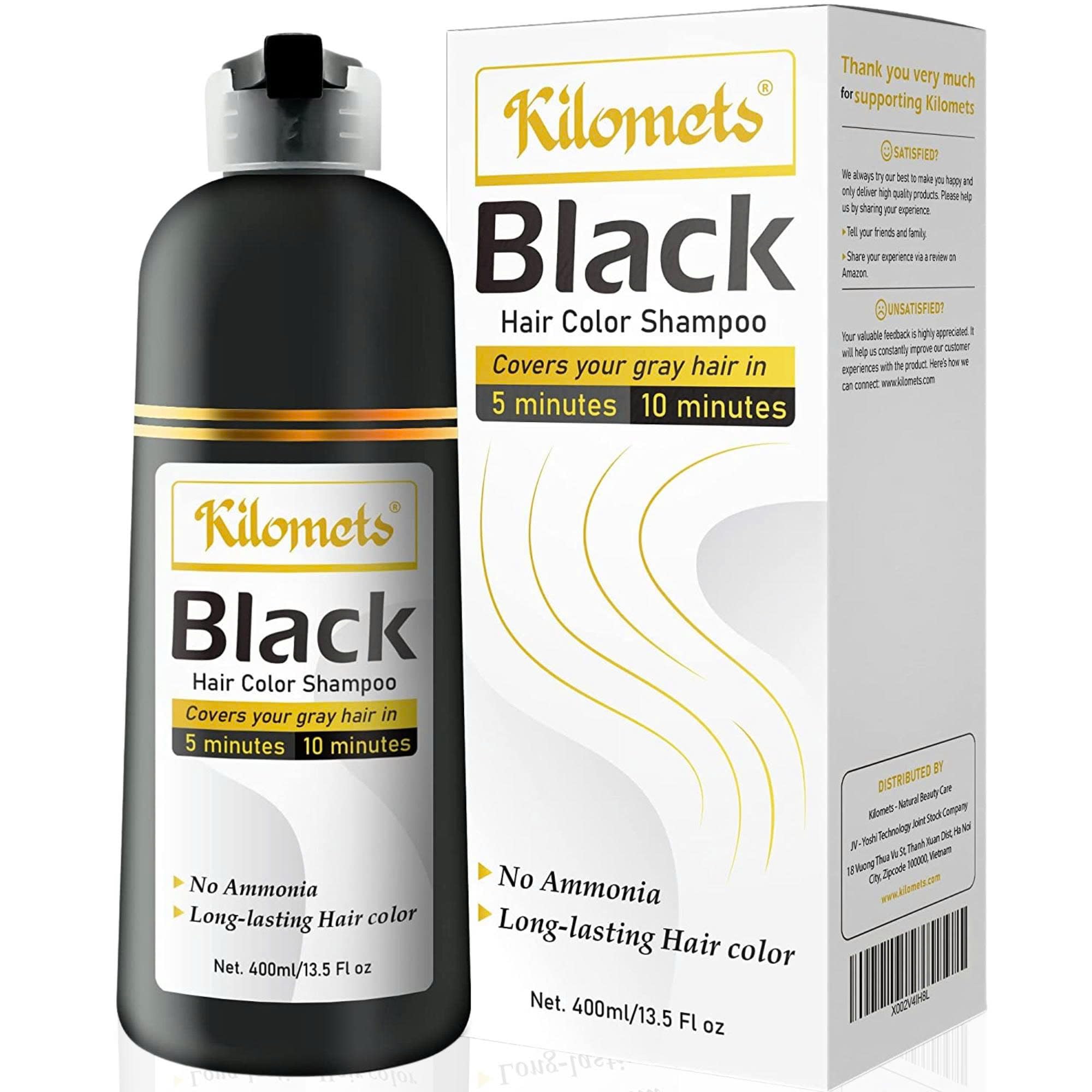 Kilomets Champú Tinte para Cabello Negro 400 ml | Cobertura de Canas Rápida, Sin Amoníaco