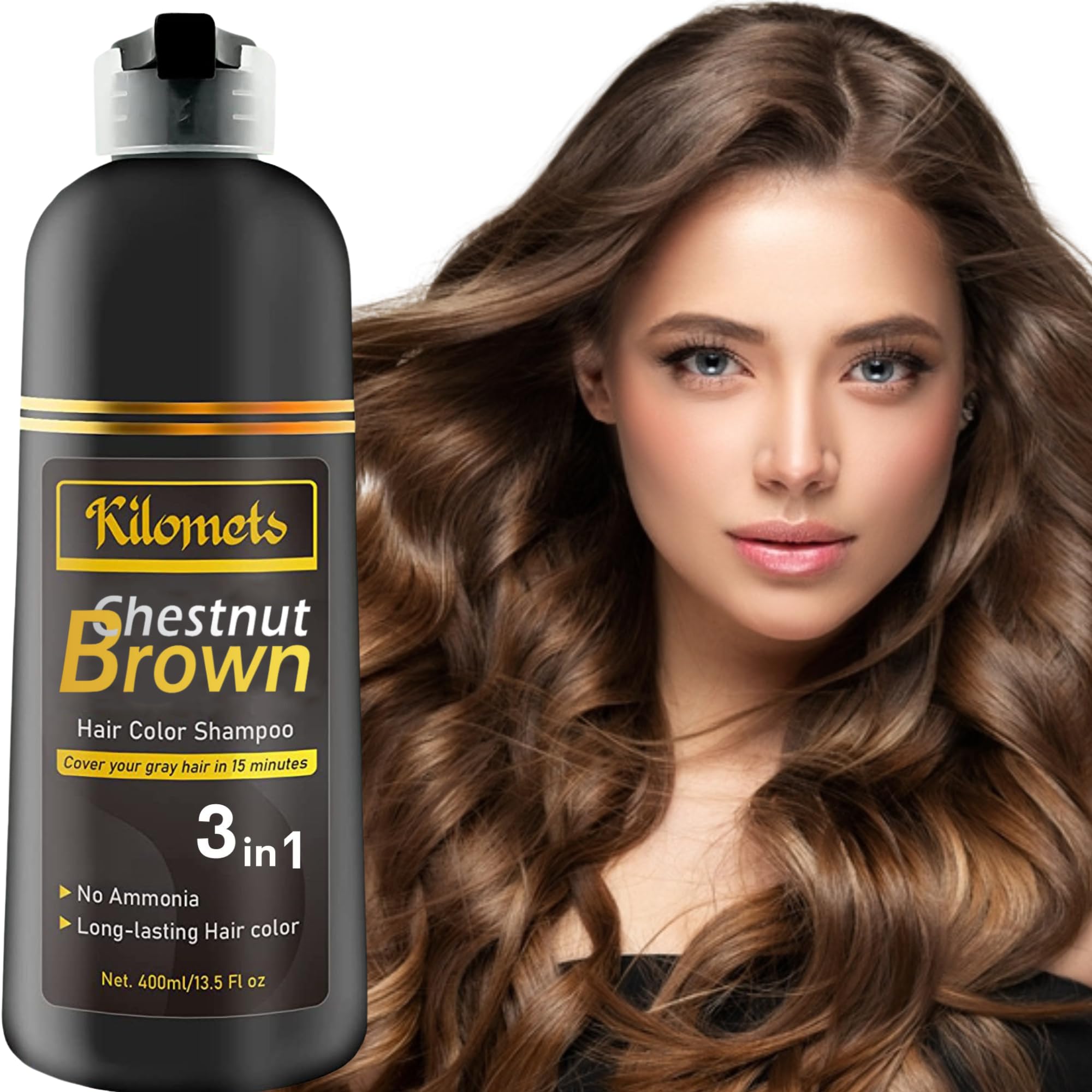 KILOMETS Champú Colorante Castaño – 3 en 1, Cobertura de Canas en Minutos, Sin Amoníaco