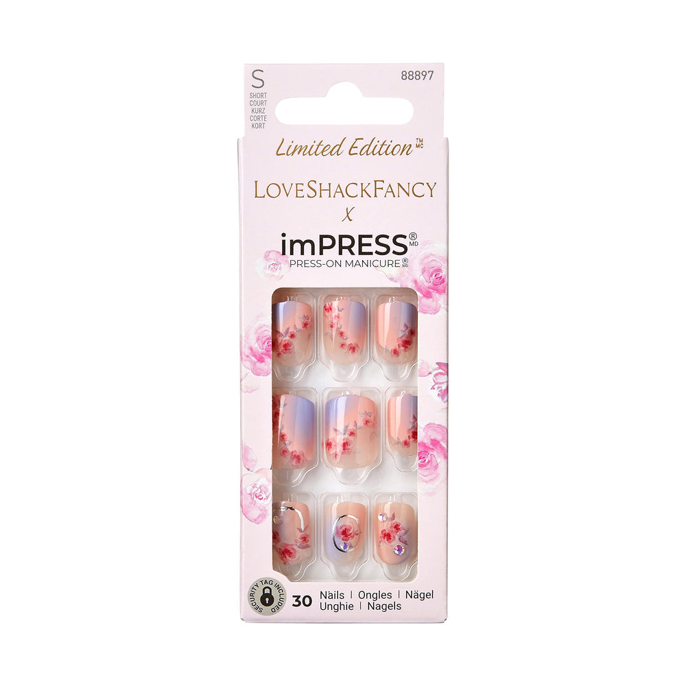 imPRESS LoveShackFancy Sunkissed Peach uñas cortas cuadradas rosadas, look elegante y duradero