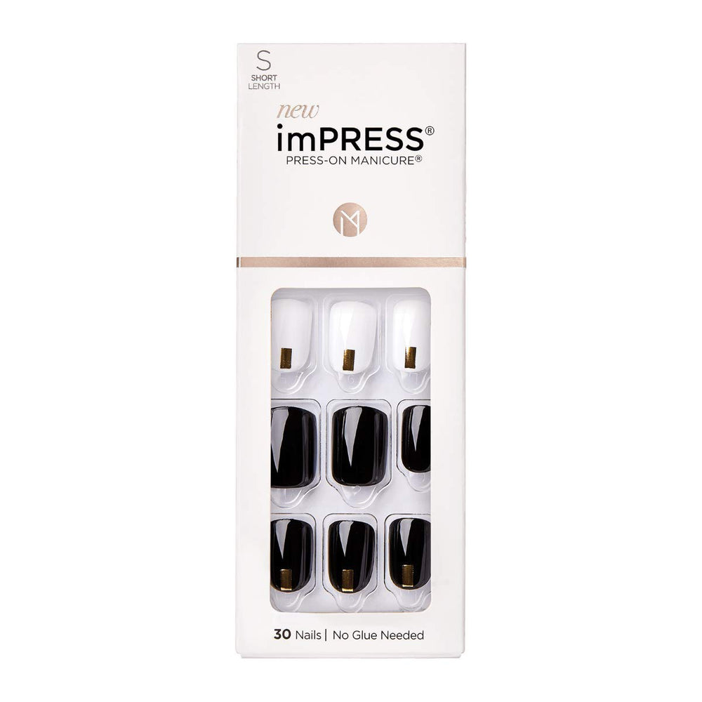 Uñas imPRESS Midnight Drive, negro y blanco, aplicación rápida y aspecto natural.