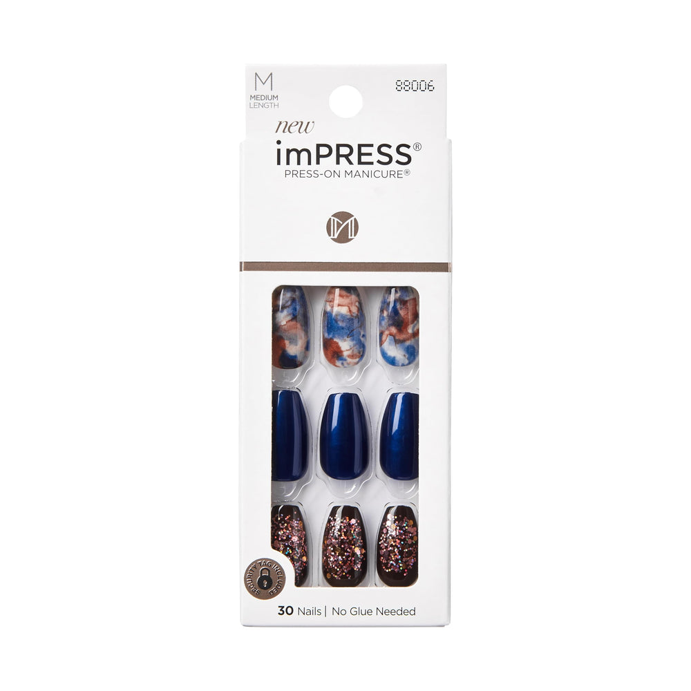 ImPRESS Uñas pegables Indigo Otoño, look azul sofisticado y aplicación rápida.