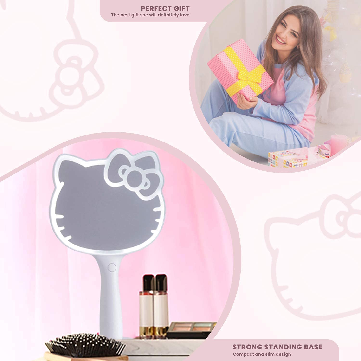 Miroir Hello Kitty portable, parfait pour déplacements et retouches.