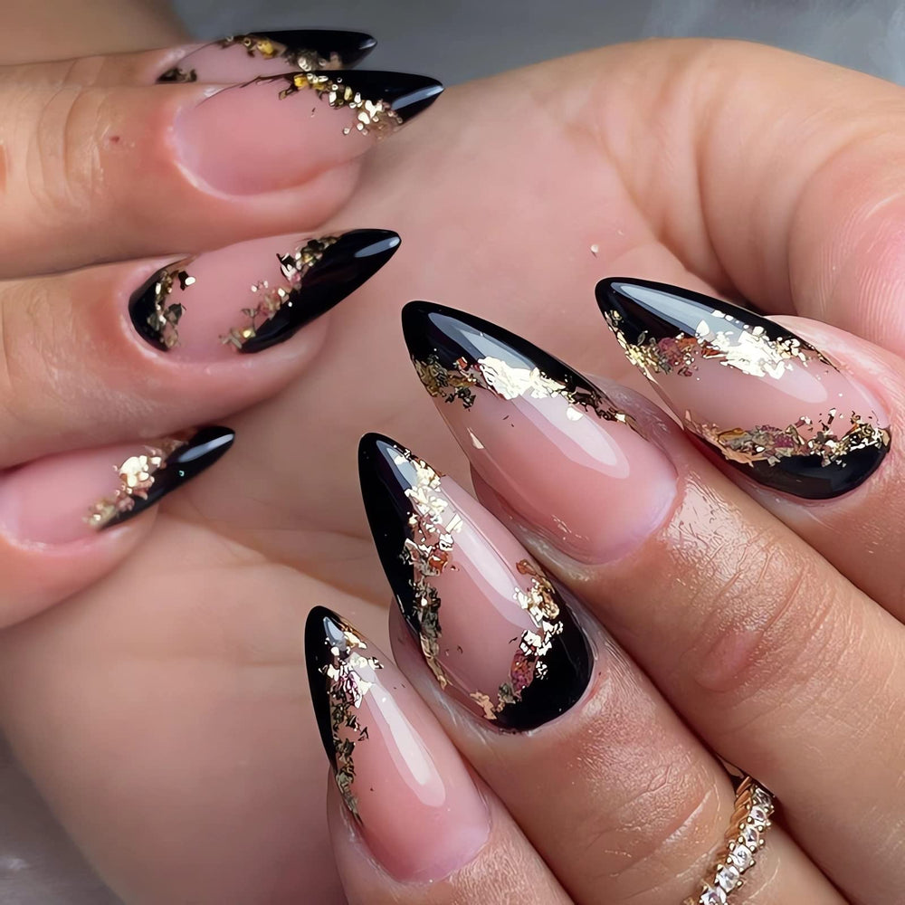 IMSOHOT uñas almendra negras frances elegantes para eventos.
