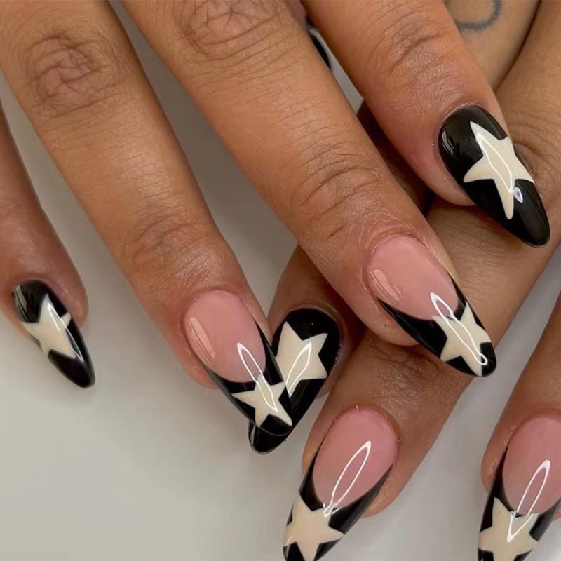 IMSOHOT uñas almendra frances negro con estrellas para un look elegante y duradero