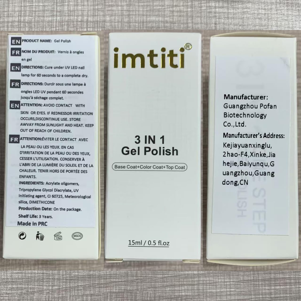 Imtiti Esmalte Gel Rosa Translúcido con base y capa final compatibles.
