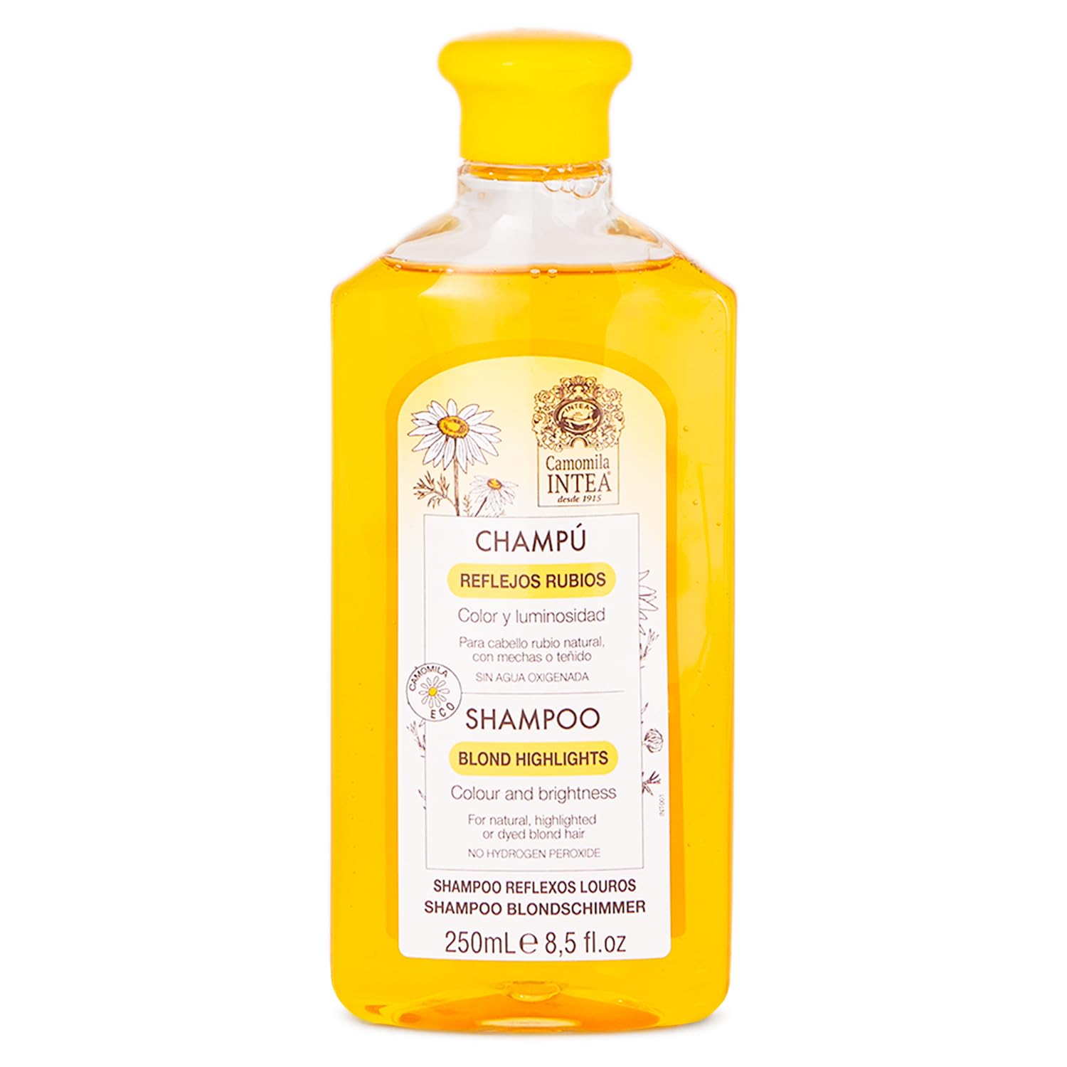Intea Chamomile Shampoo, botella: limpieza suave que cuida y realza mechones rubios.