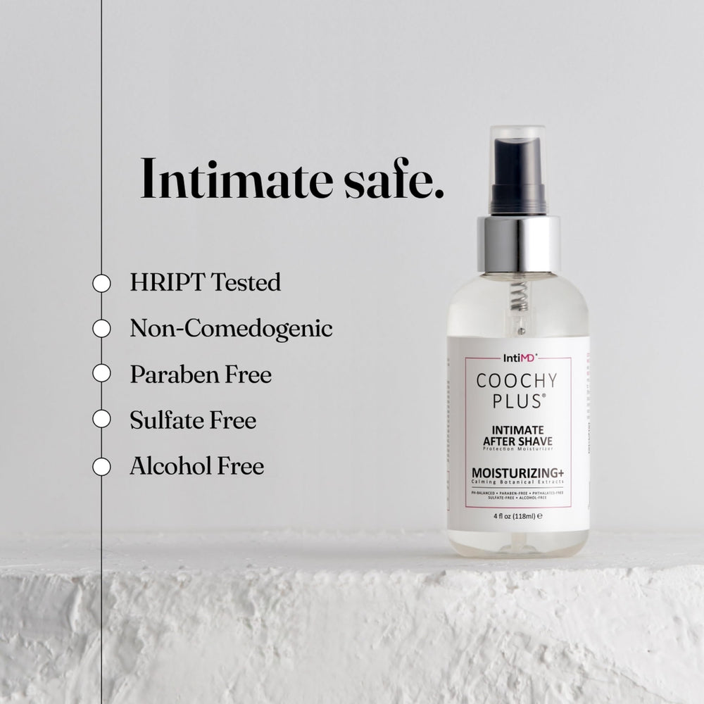 IntiMD Nouria Elixir oil being applied to intimate skin for pre-shave hydration.