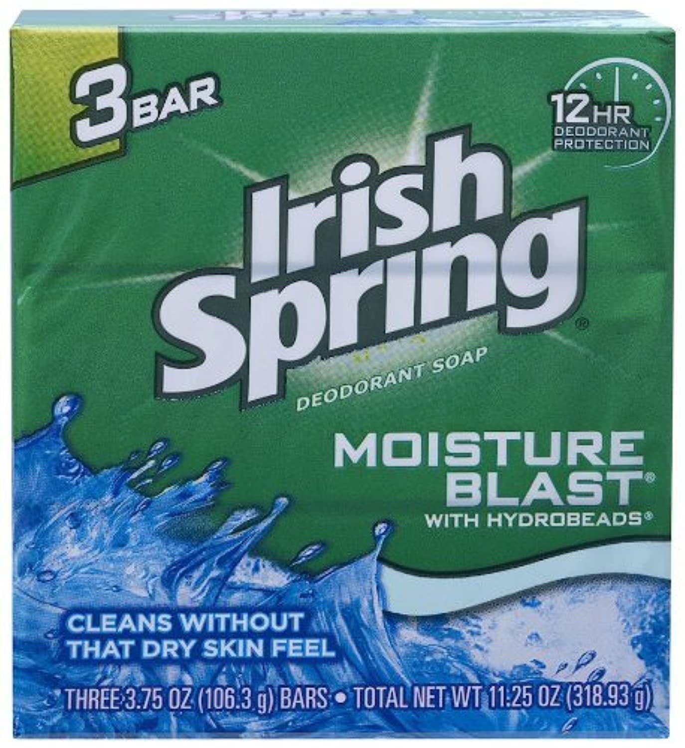 Irish Spring Moisture Blast, paquete de tres jabones en barra, para una limpieza suave y revitalizante.