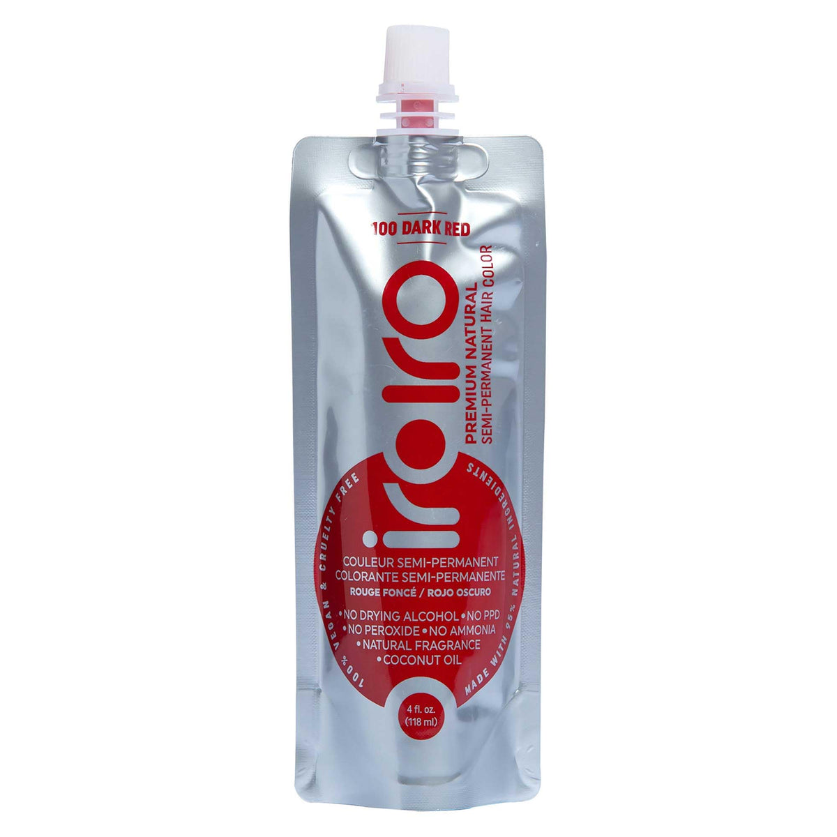 IROIRO dark red 4oz pouch highlights vegan semi-permanent color and eco packaging.