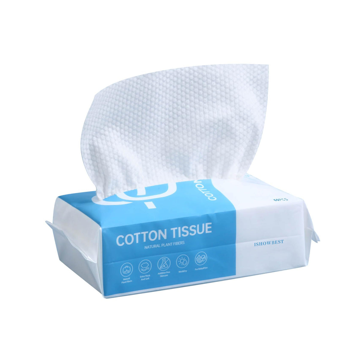 ISHOWBEST, toallas faciales desechables suaves, empaque de 60 para piel sensible.