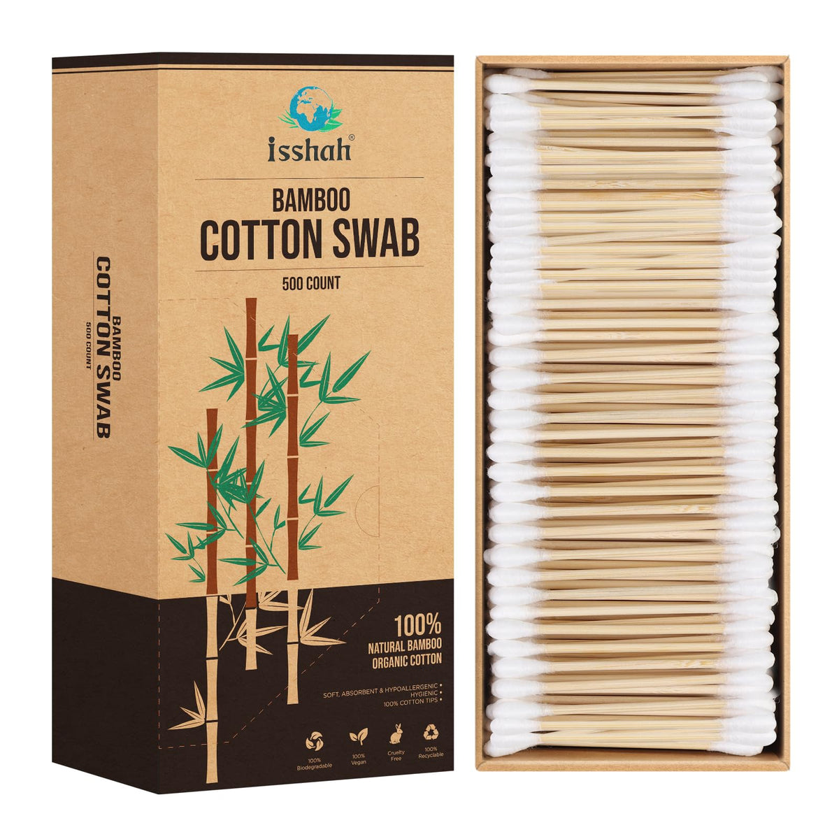 Isshah hisopos de bambú, 500 unidades, certificado FSC y aprobado por PETA, para belleza y limpieza suave