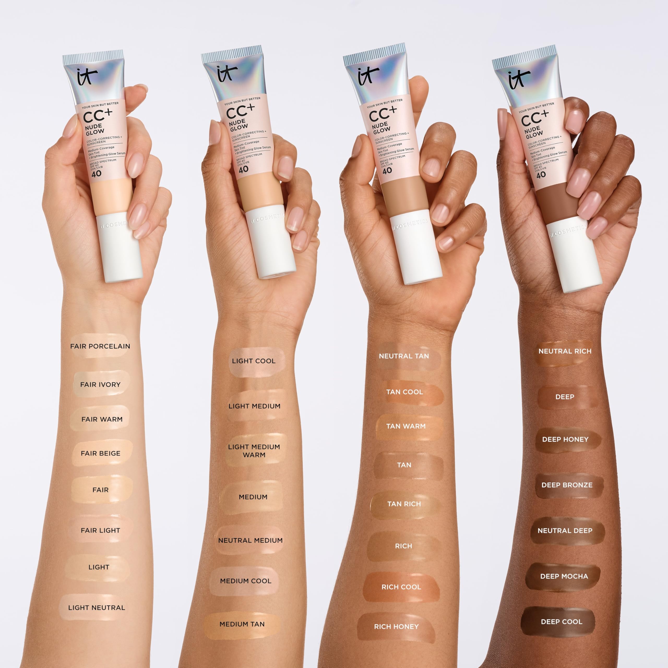 It Cosmetics CC+ Nude Glow, SPF 40 para protección diaria sin dejar rastro.