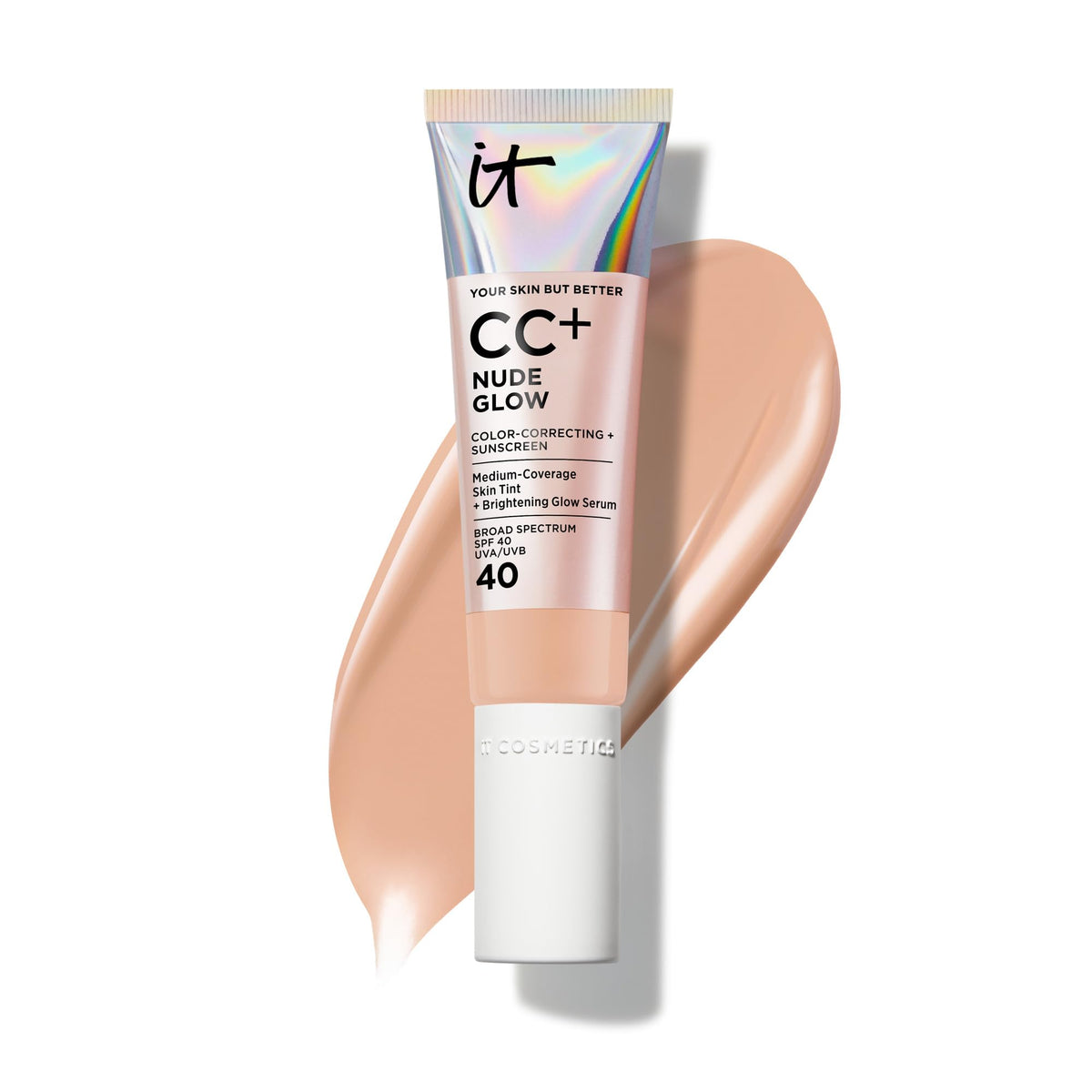 IT Cosmetics CC+ Nude Glow con tubo de aplicación y acabado luminoso.