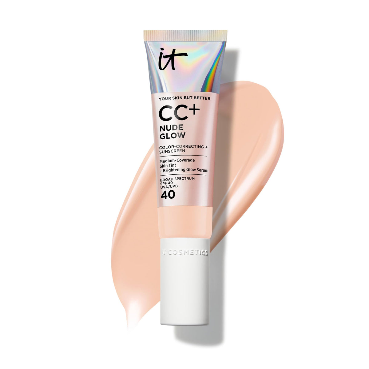 Envase de IT Cosmetics CC+ Nude Glow con acabado ligero para uso diario