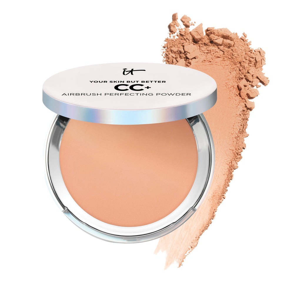 IT Cosmetics CC+ Airbrush Powder Tan, difuminado suave y cobertura natural.