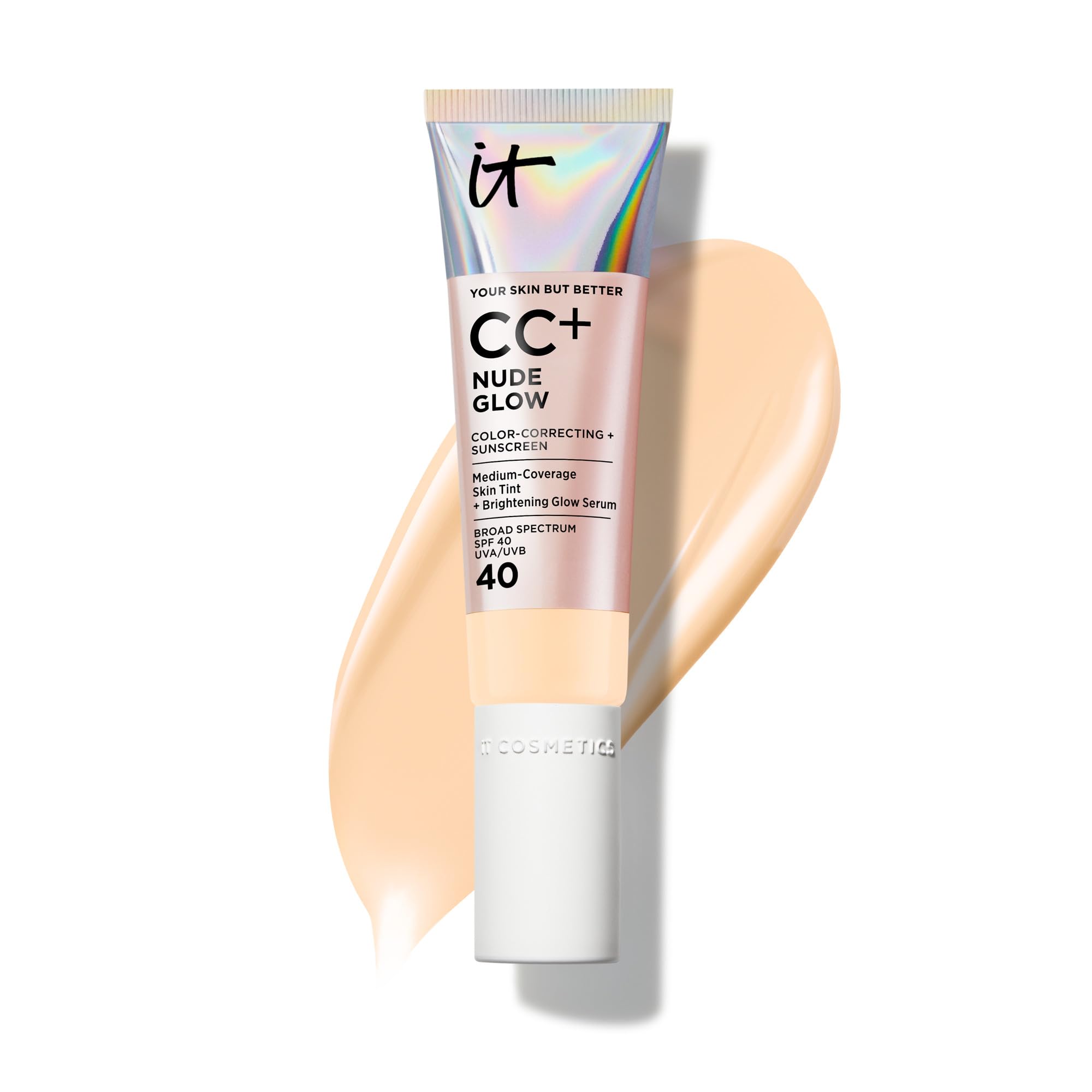 IT Cosmetics CC+ Nude Glow en bote, acabado ligero y brillo natural para piel radiante
