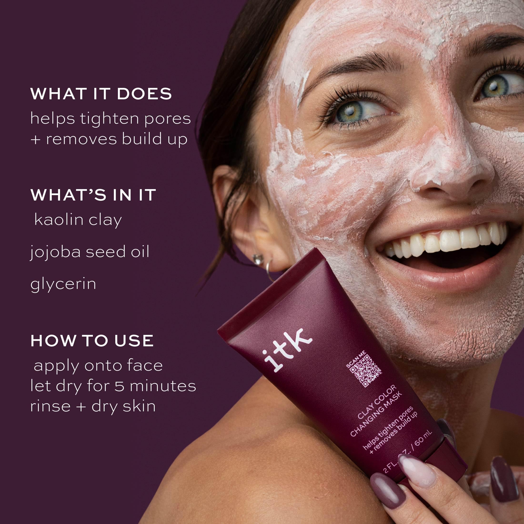 ITK Mascarilla arcilla cambio color transforma a rosa, descongestiona suavemente y reduce brillo.