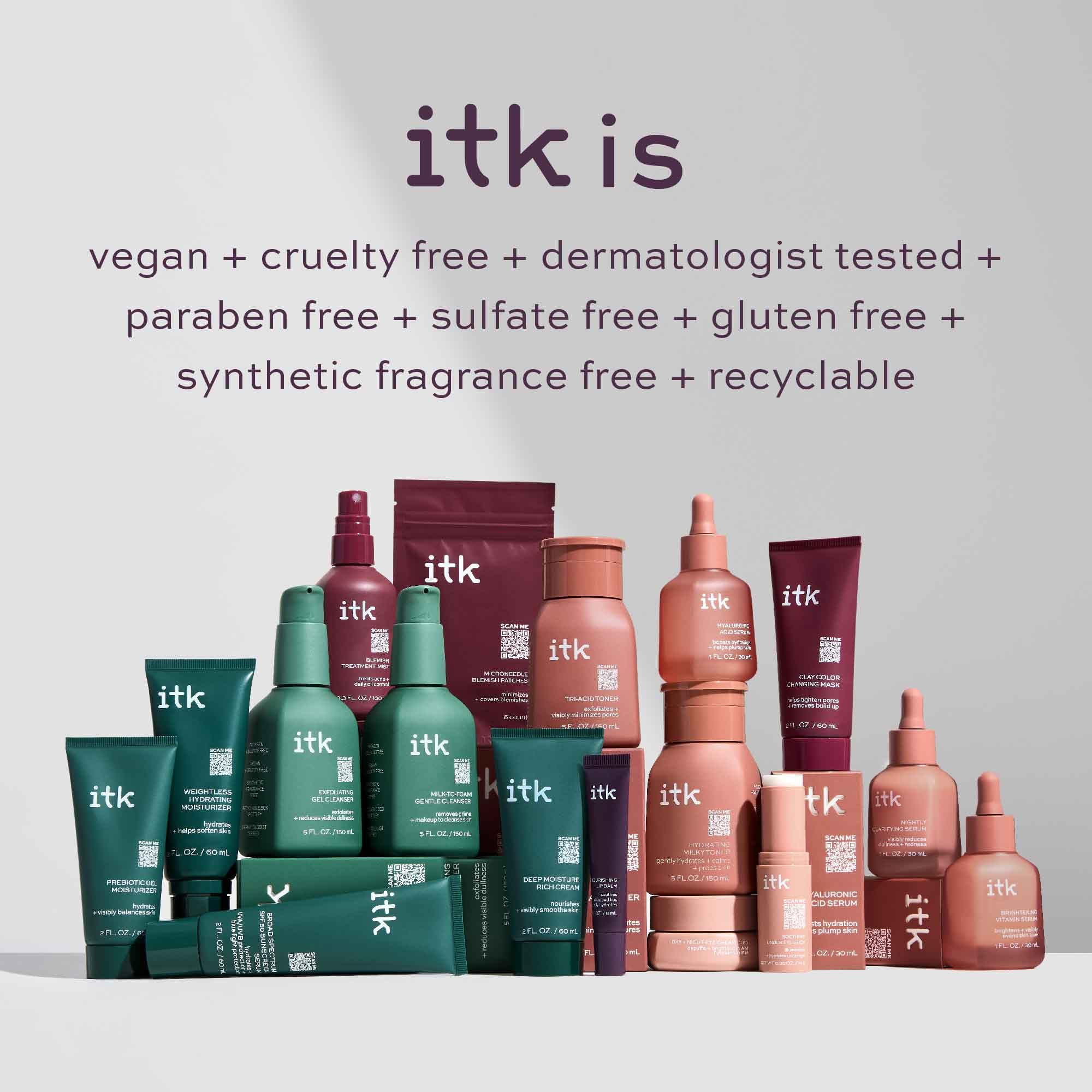 ITK Sin sulfatos y fragancia natural, apta para rutinas diarias sin irritación.