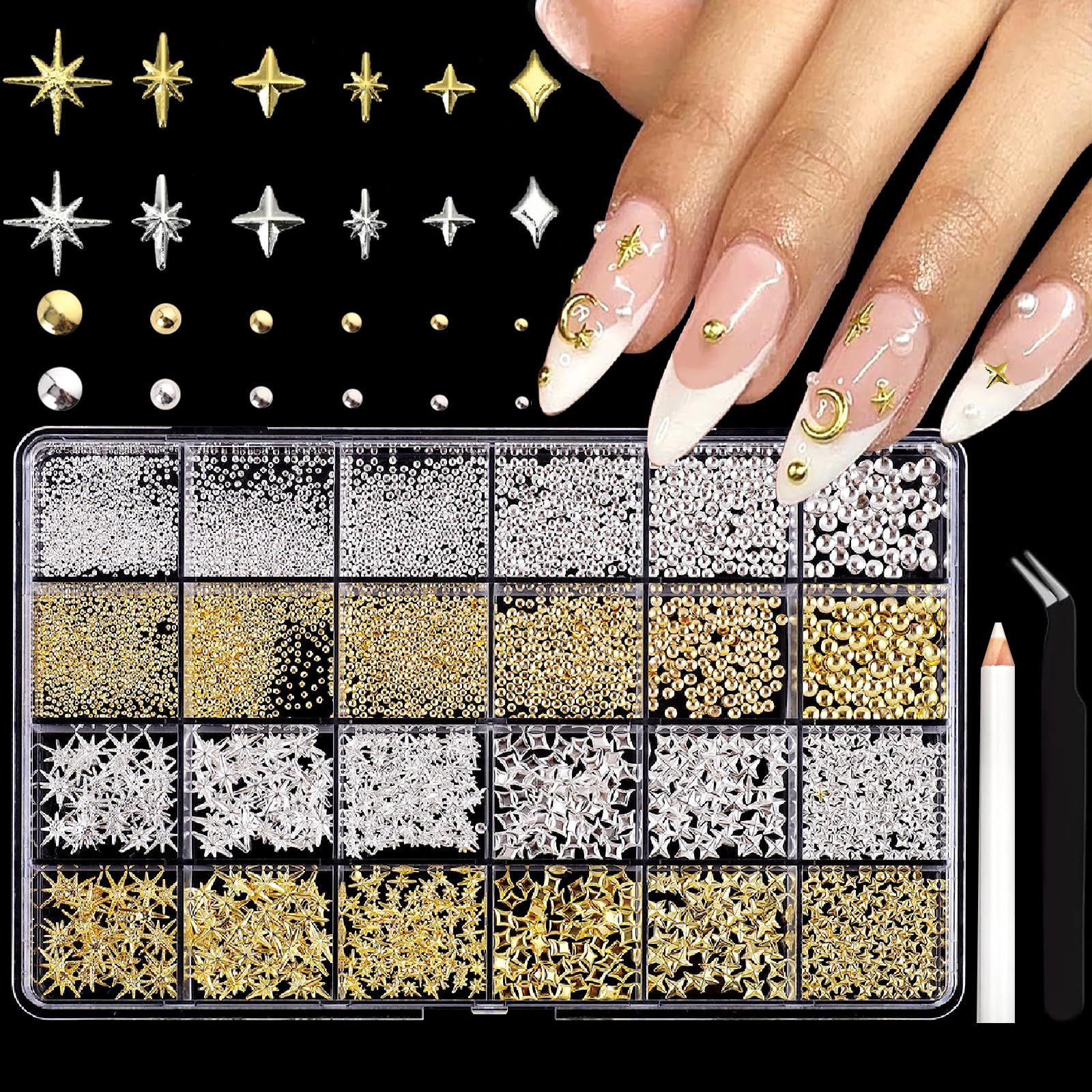 ITPOYOL estrellas 3D para uñas en oro y plata para acentos brillantes.