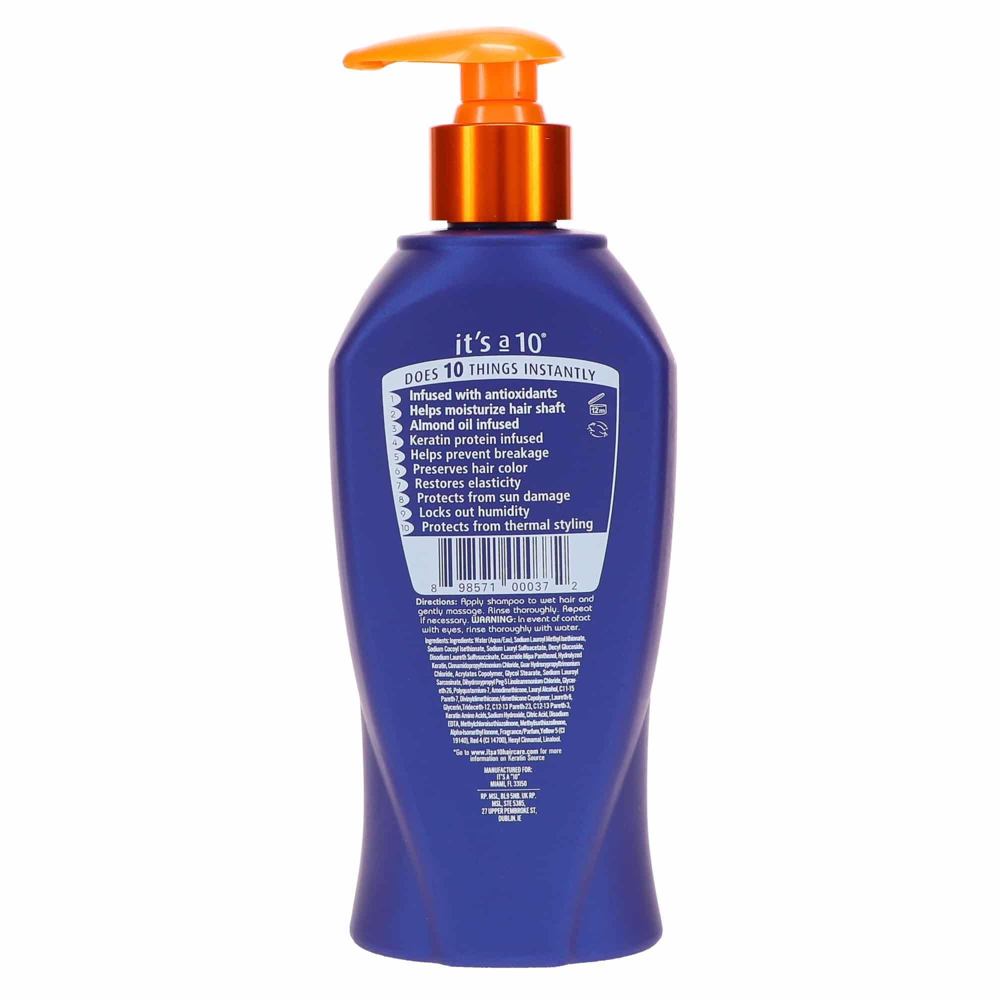 Its A 10 Miracle Shampoo Keratin, detalle de etiqueta: cuidado suave sin sulfatos para el cabello.