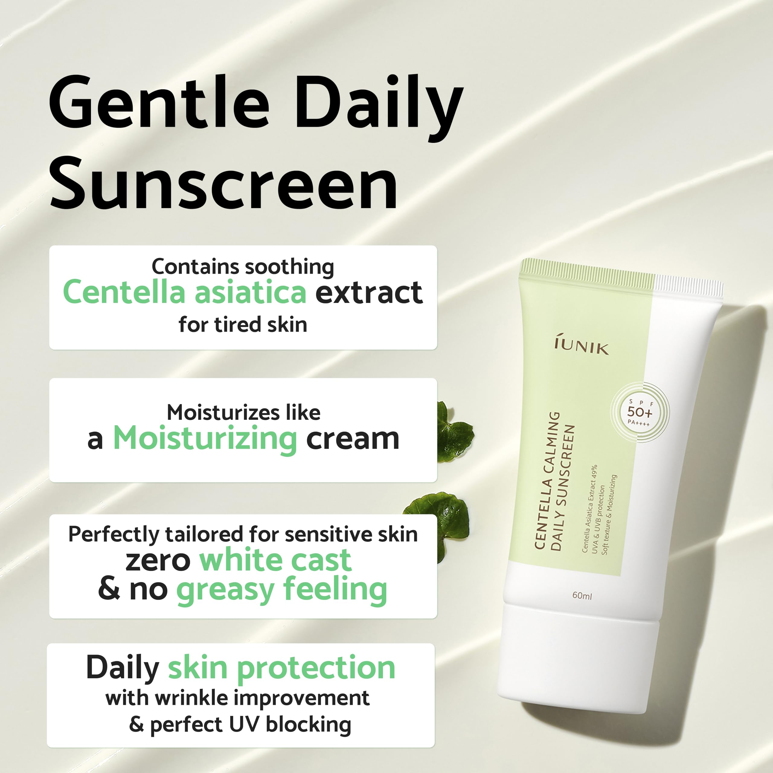 IUNIK Centella Calming Moisture Protector Solar, acabado mate sin residuo blanco ni fragancia.
