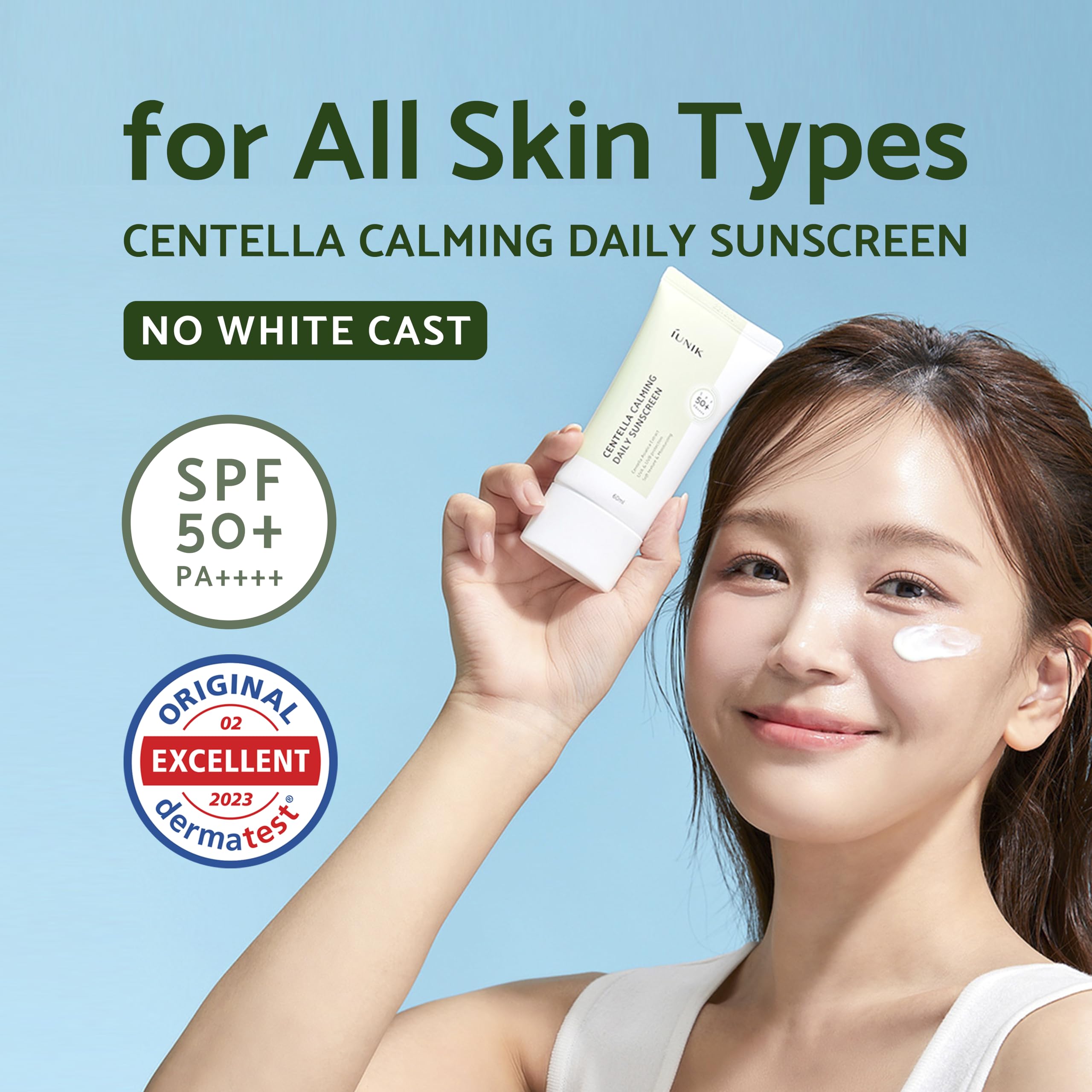 IUNIK Centella Calming Moisture Protector Solar, textura gel suave, aplicación rápida sin grasa.