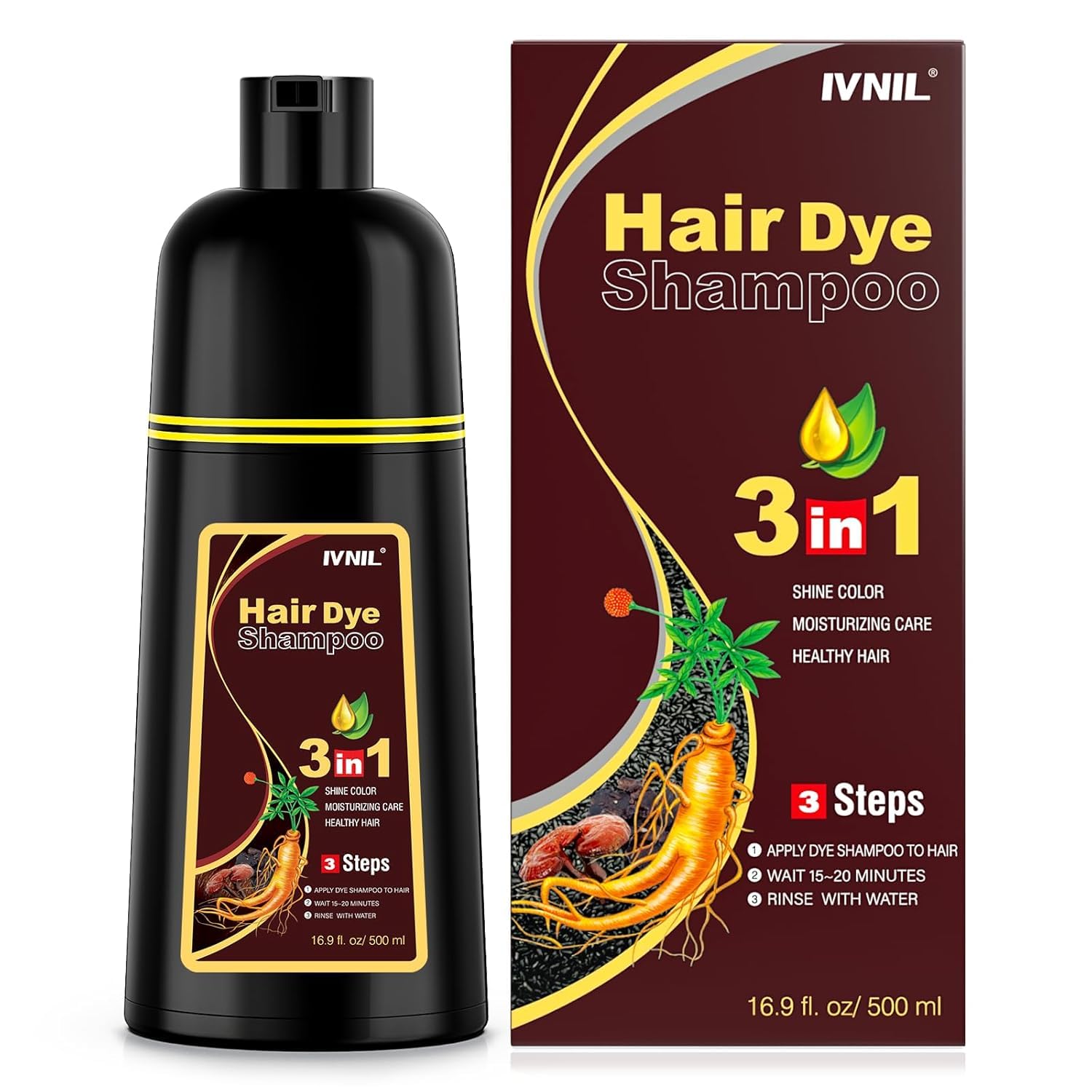 Ivnil Brown Hair Dye Shampoo bottle for simple at-home color coverage.