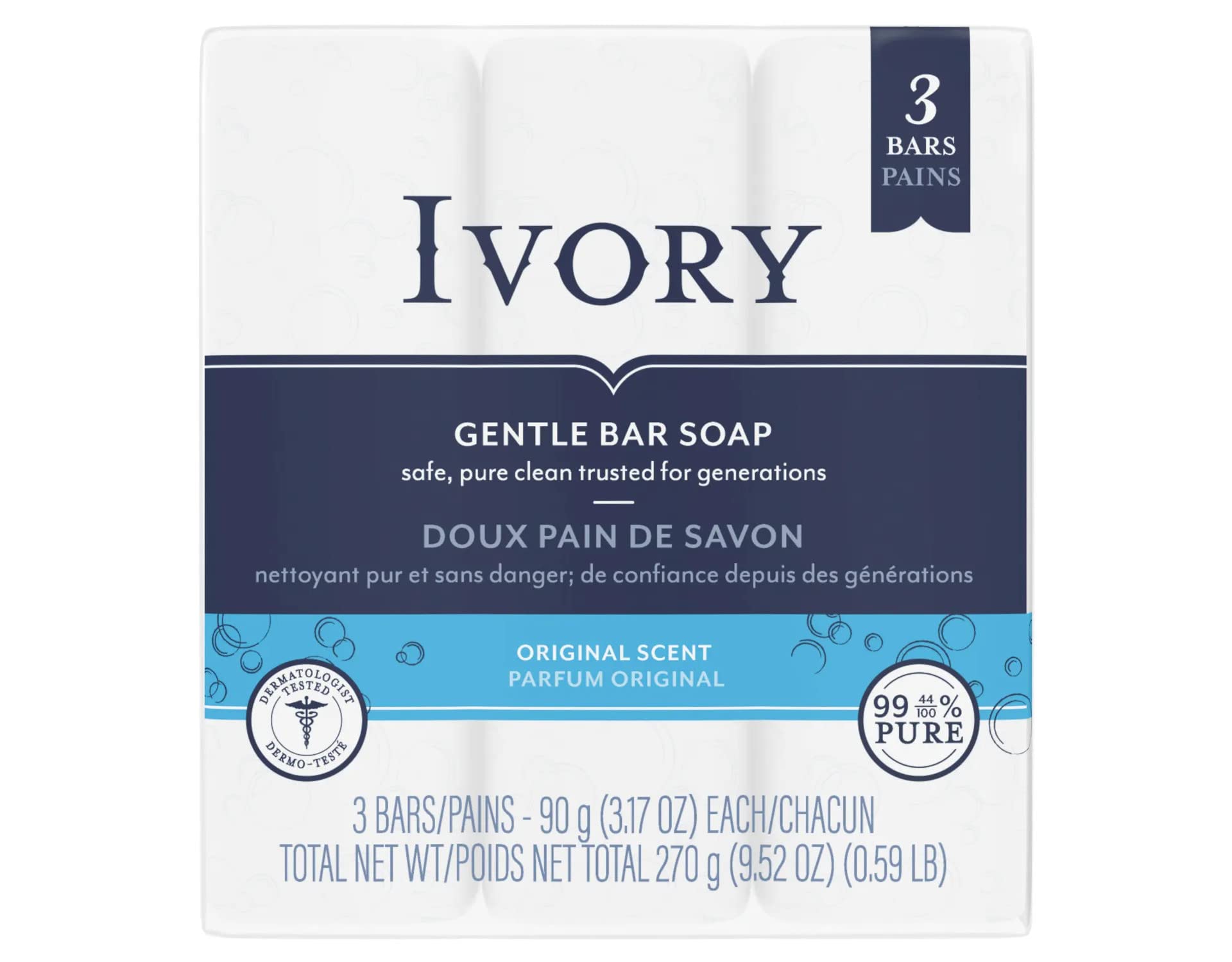 Ivory Jabón Personal en barra de 3.1 oz, ideal para uso diario suave.