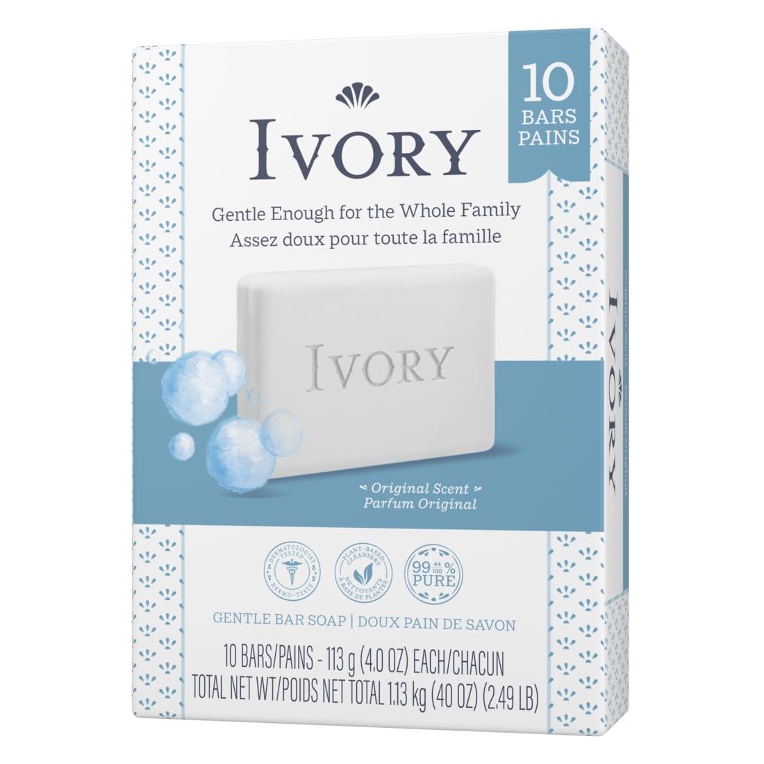 Jabón Ivory con limpieza simple, ideal para el baño familiar.