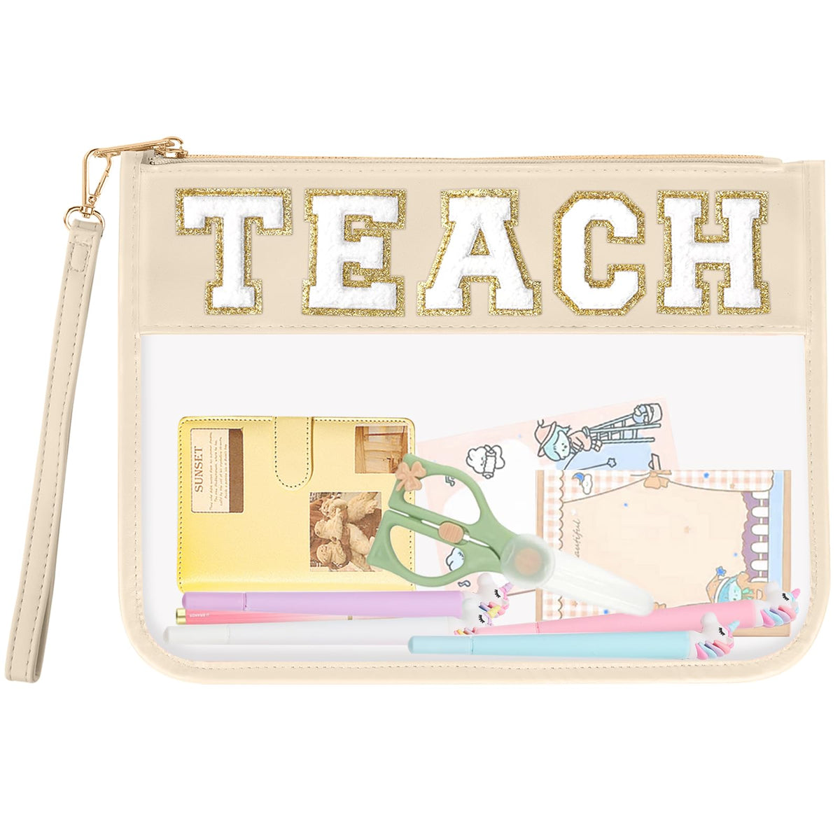 izuzta TEACH, bolsa transparente de maquillaje con chenille, ideal para ver cosméticos rápidamente.
