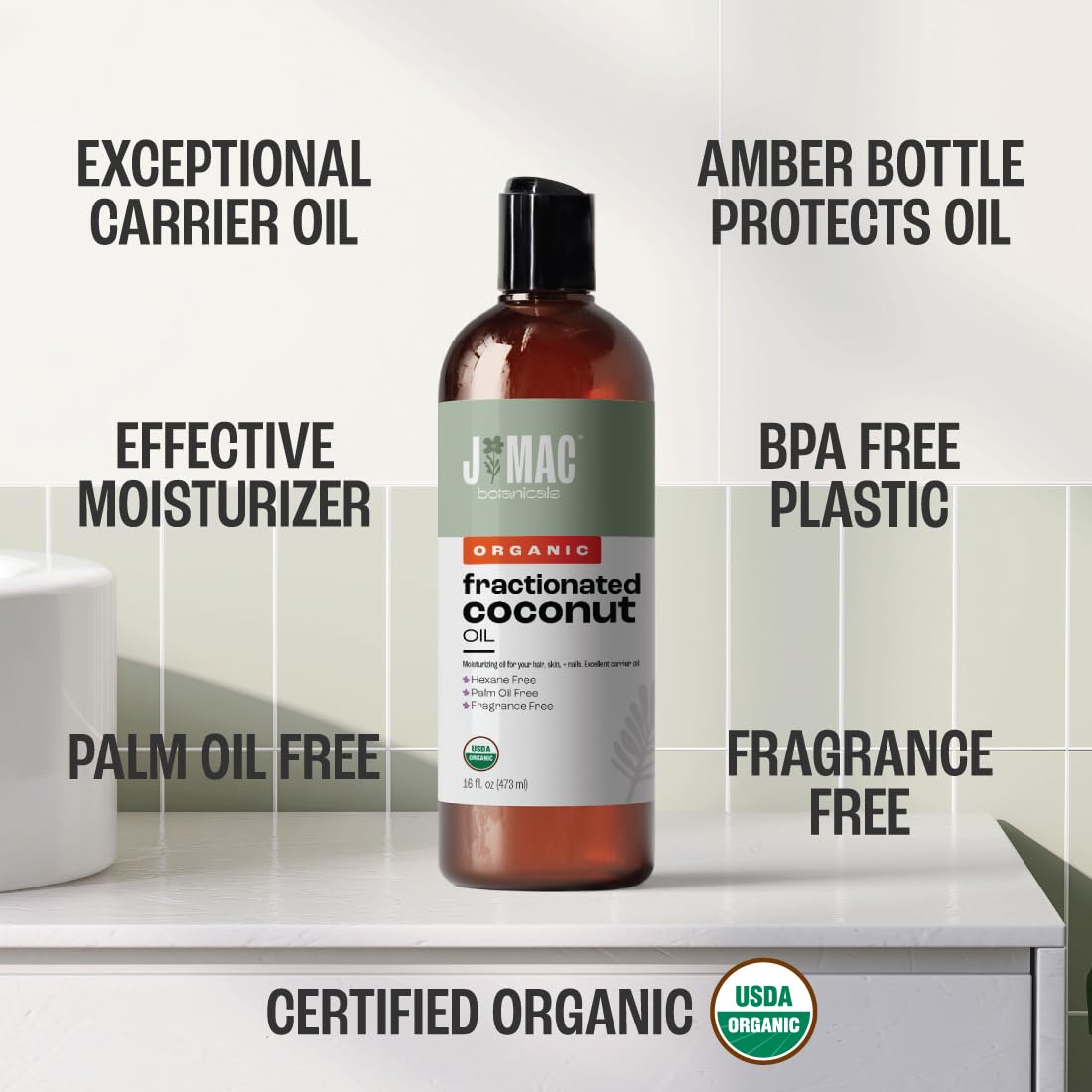 J MAC BOTANICALS aceite coco fraccionado, textura clara para uso diario.