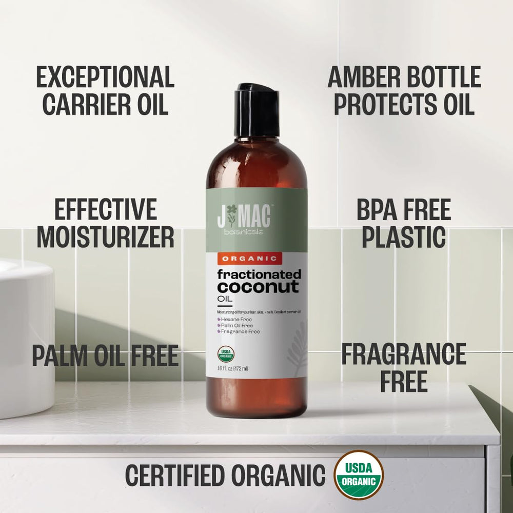 J MAC BOTANICALS aceite coco fraccionado, textura clara para uso diario.