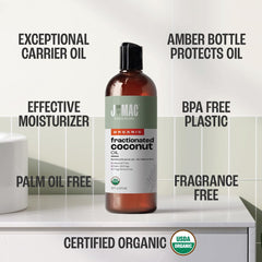 J MAC BOTANICALS aceite coco fraccionado, textura clara para uso diario.