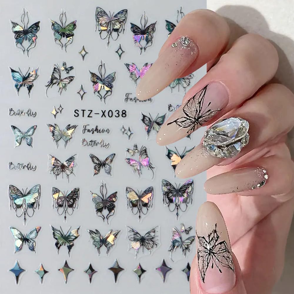 Pegatina Jaliya 3D mariposa aurora blanca para uñas, brillo suave.
