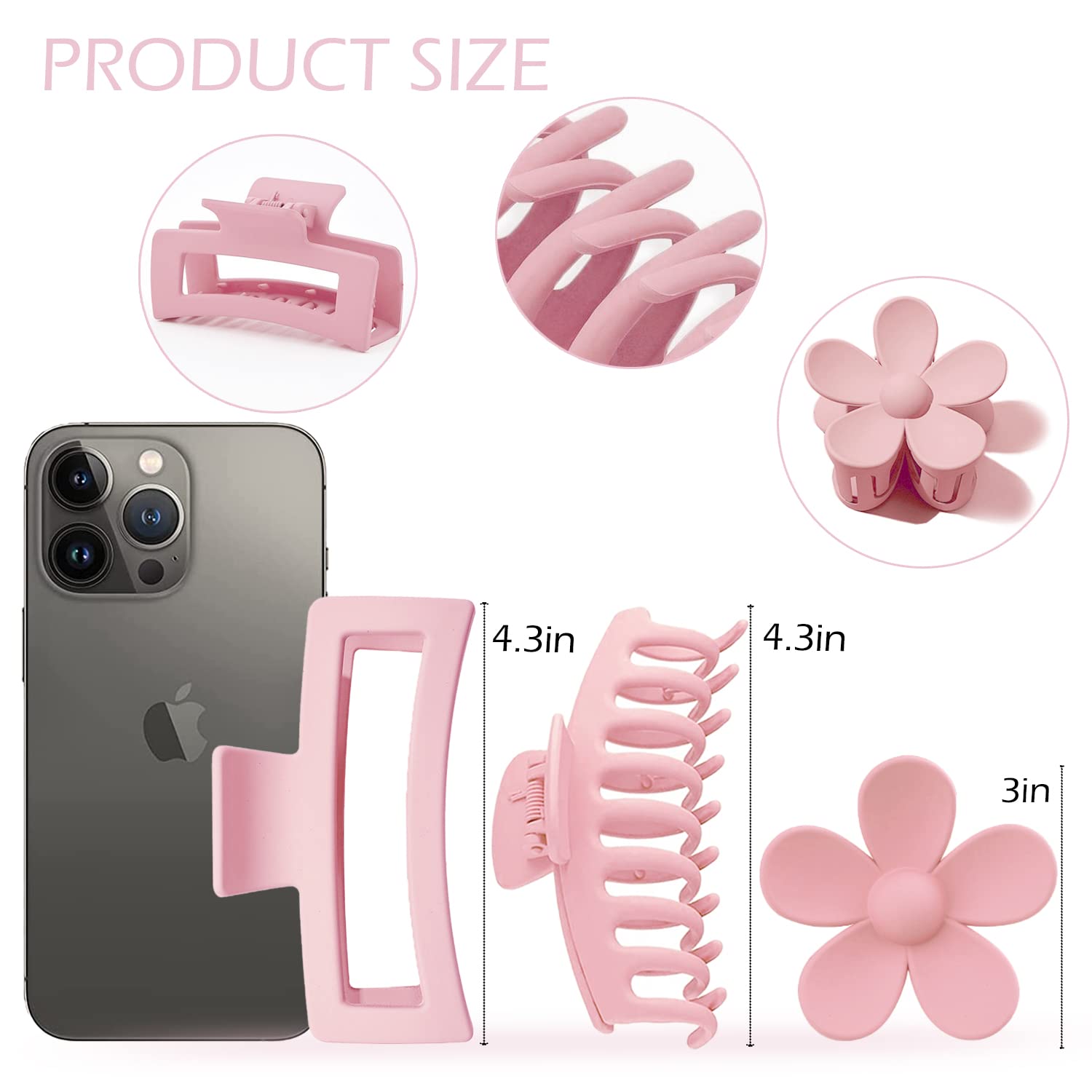 JANFUN clip garra rectangular 4-3 pulgadas rosa claro, ideal para uso diario.
