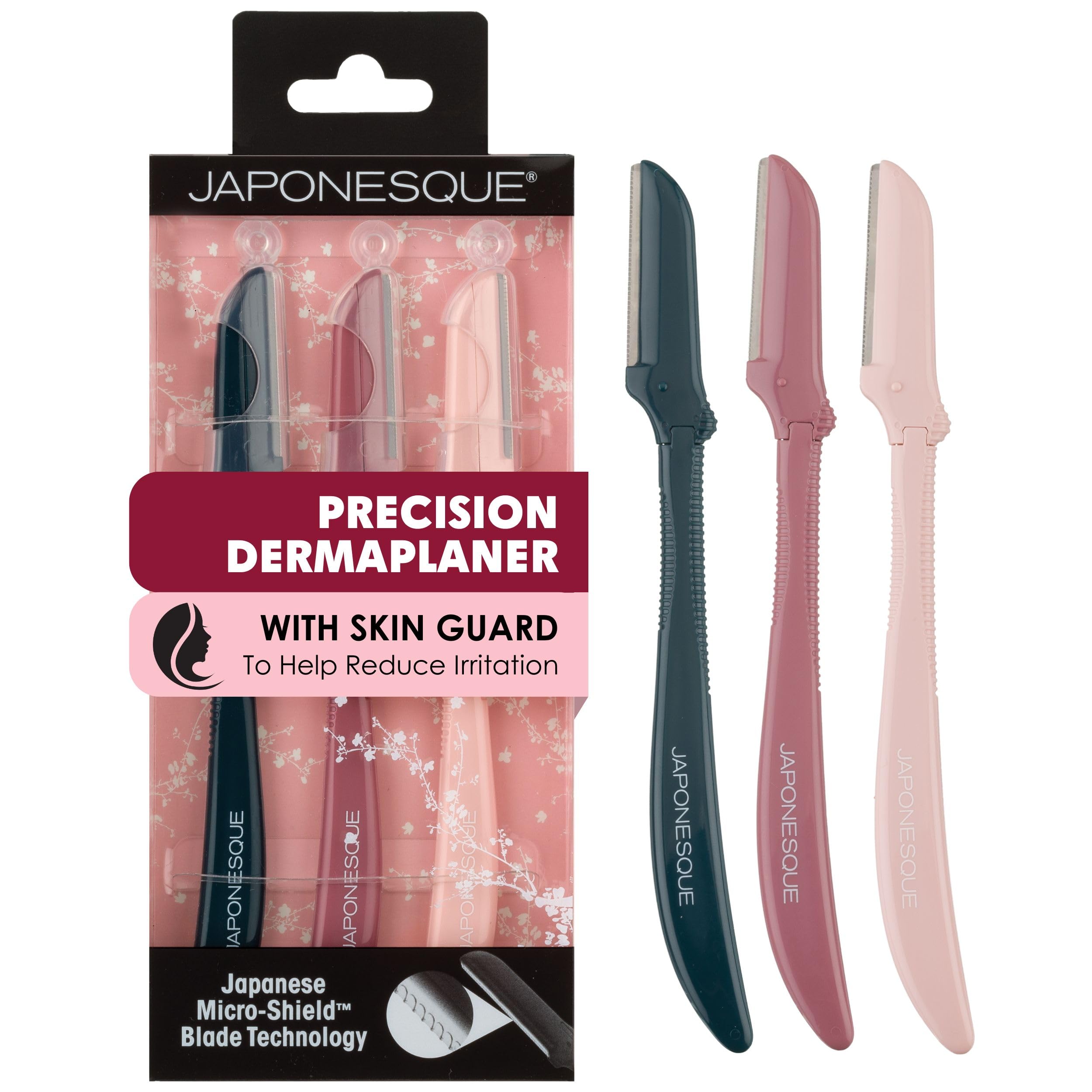 JAPONESQUE dermaplaner set packaging with safety caps for at-home exfoliation.