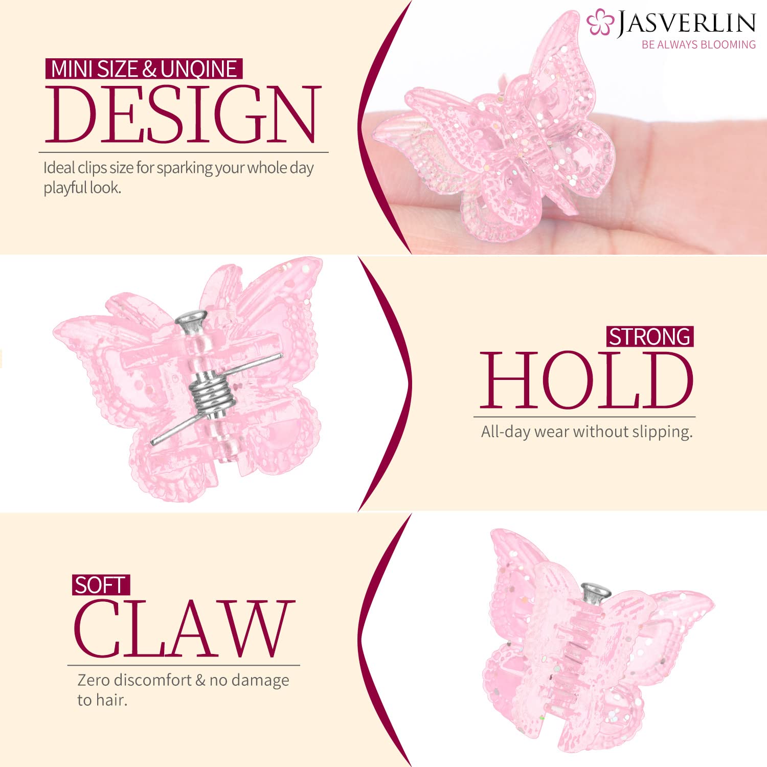 Pinza mariposa brillo mini de JASVERLIN, diseño compacto para viaje.