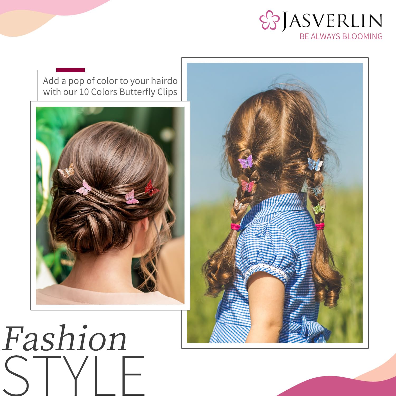 Pinza mariposa brillo mini JASVERLIN, colores variados para estilos versátiles.