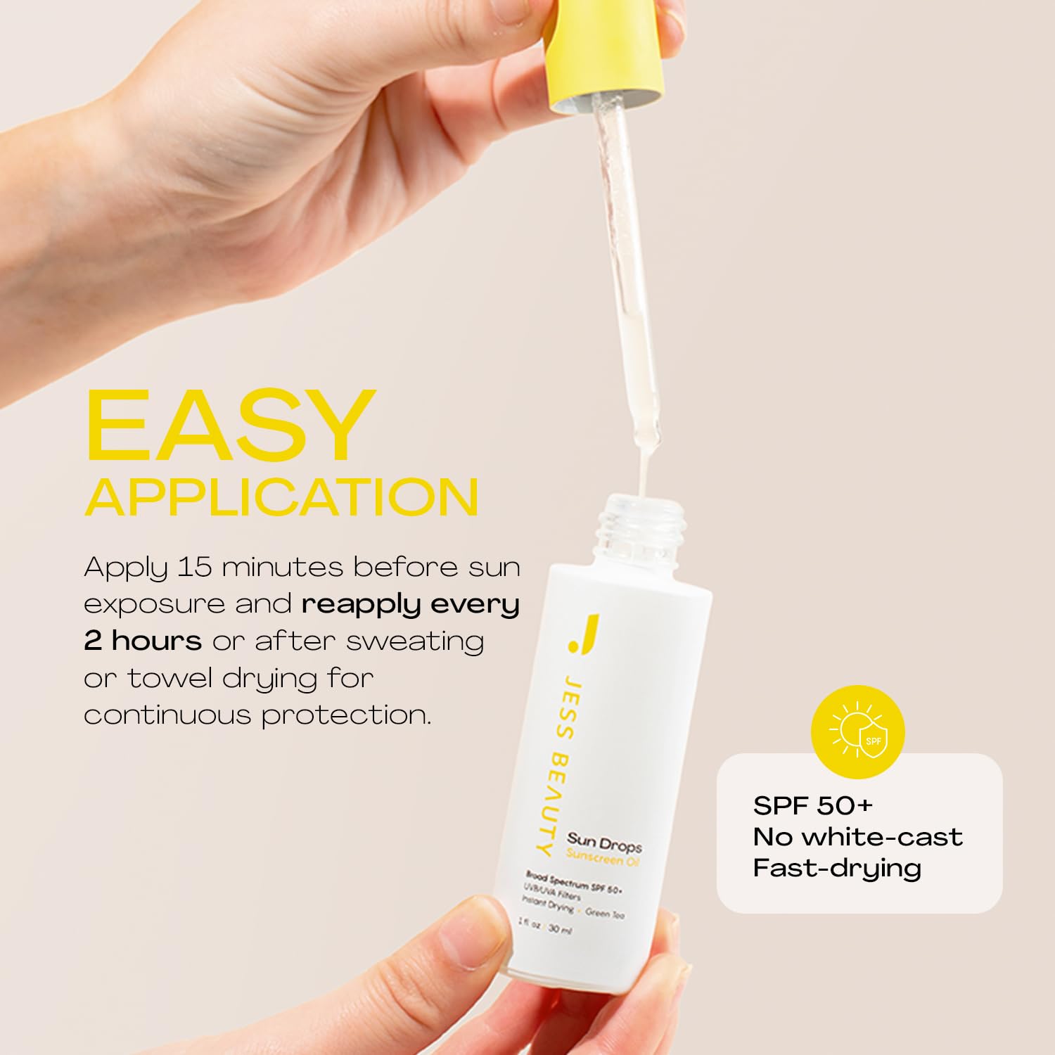 Etiqueta frontal de JESS BEAUTY Gotas Solares, SPF 50+
